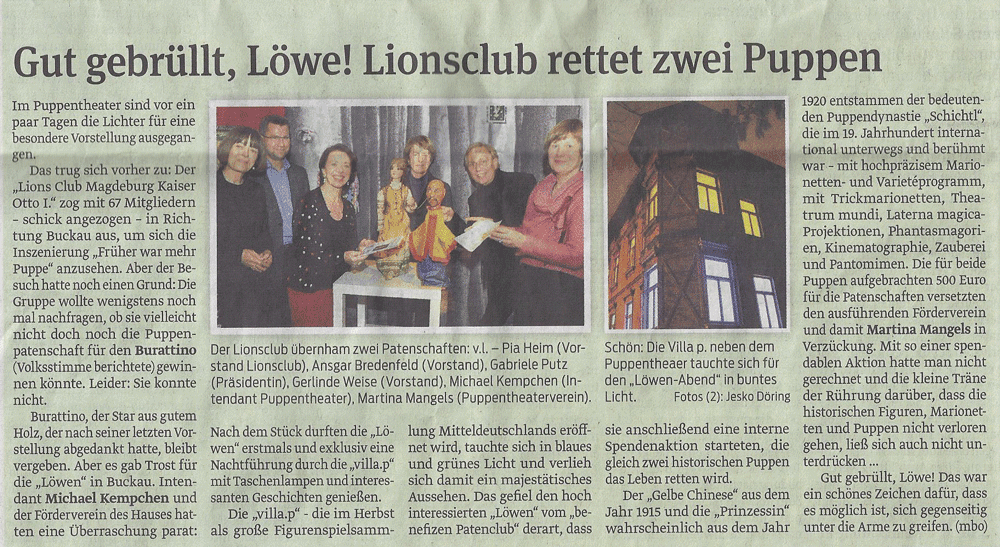 Presseartikel "Gut gebrüllt, Löwe! Lionsclub rettet zwei Puppen" aus Magdeburger Volksstimme