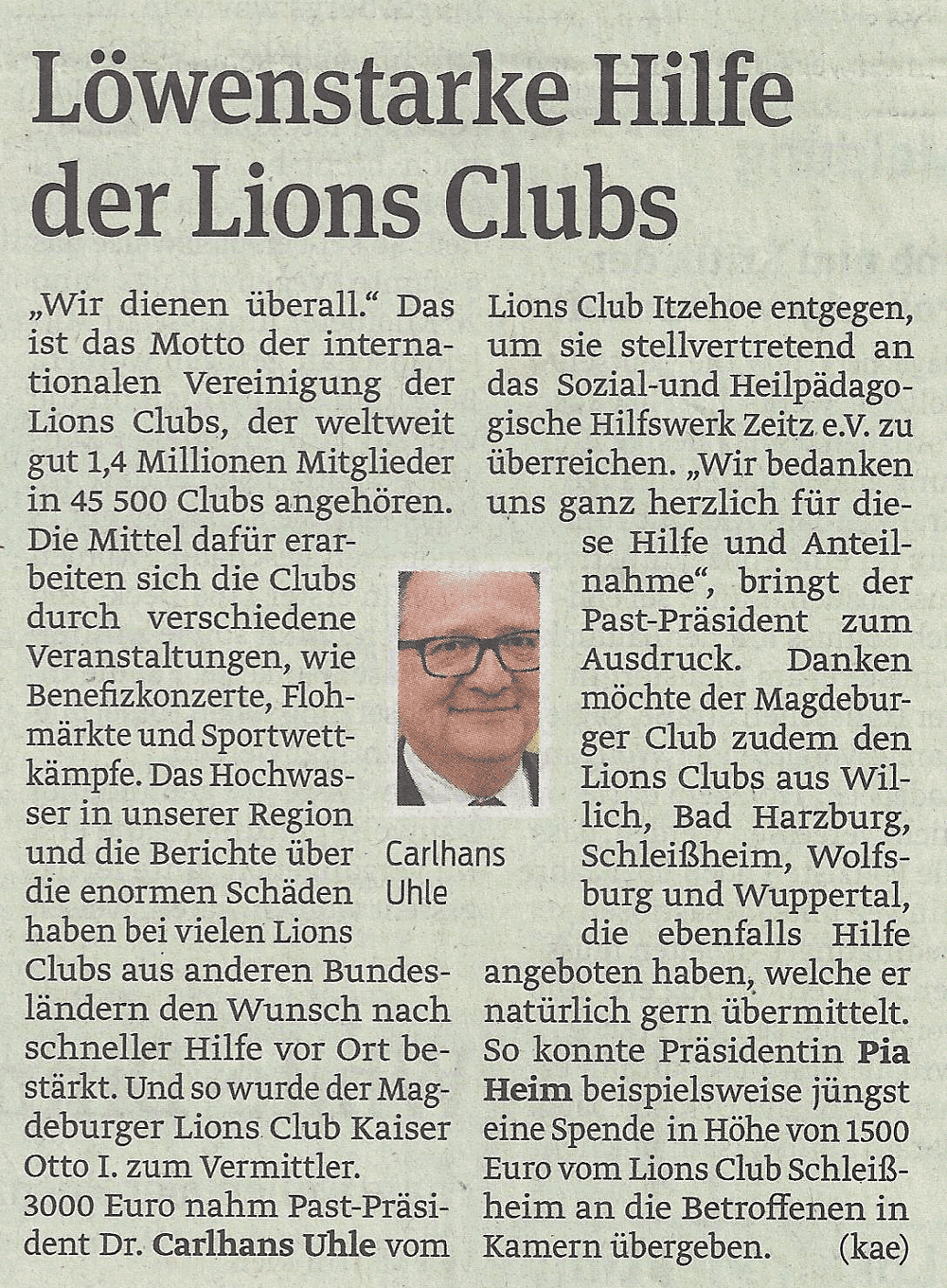 Presseartikel "Löwenstarke Hilfe der Lions Clubs" aus Magdeburger Volksstimme