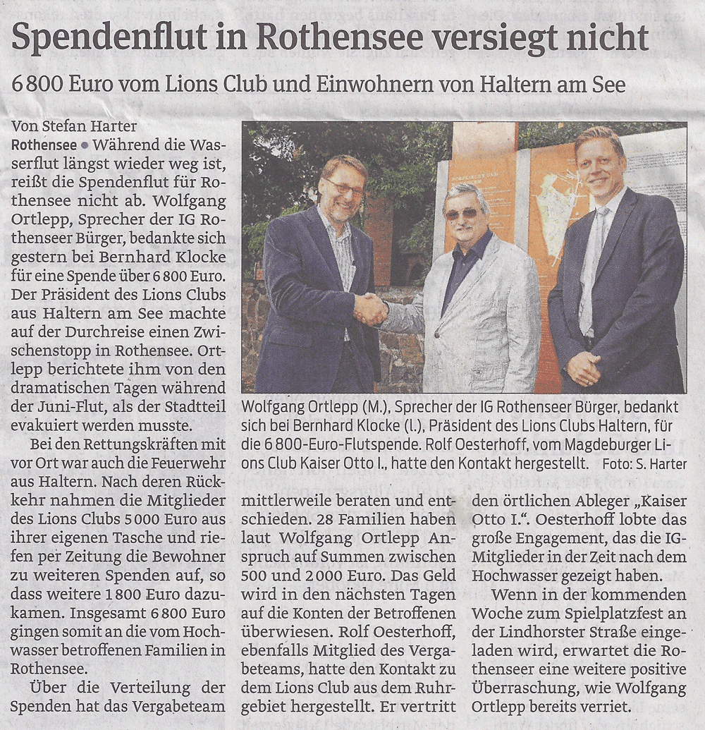 Presseartikel "Spendenflut in Rothensee versiegt nicht" aus Magdeburger Volksstimme