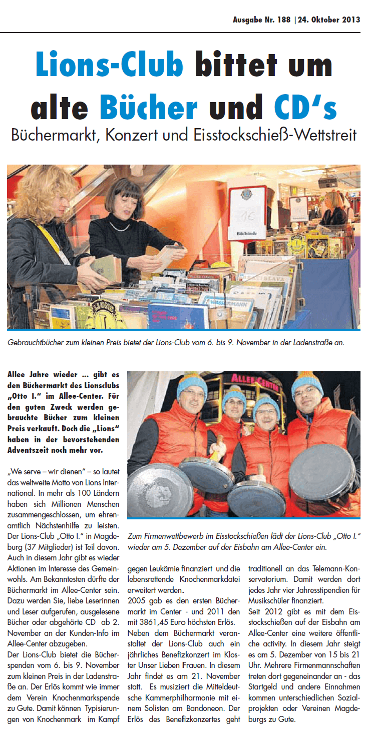 Presseartikel "Lions-Club bittet um alte Bücher und CD´s" aus Allee-Center Aktuell