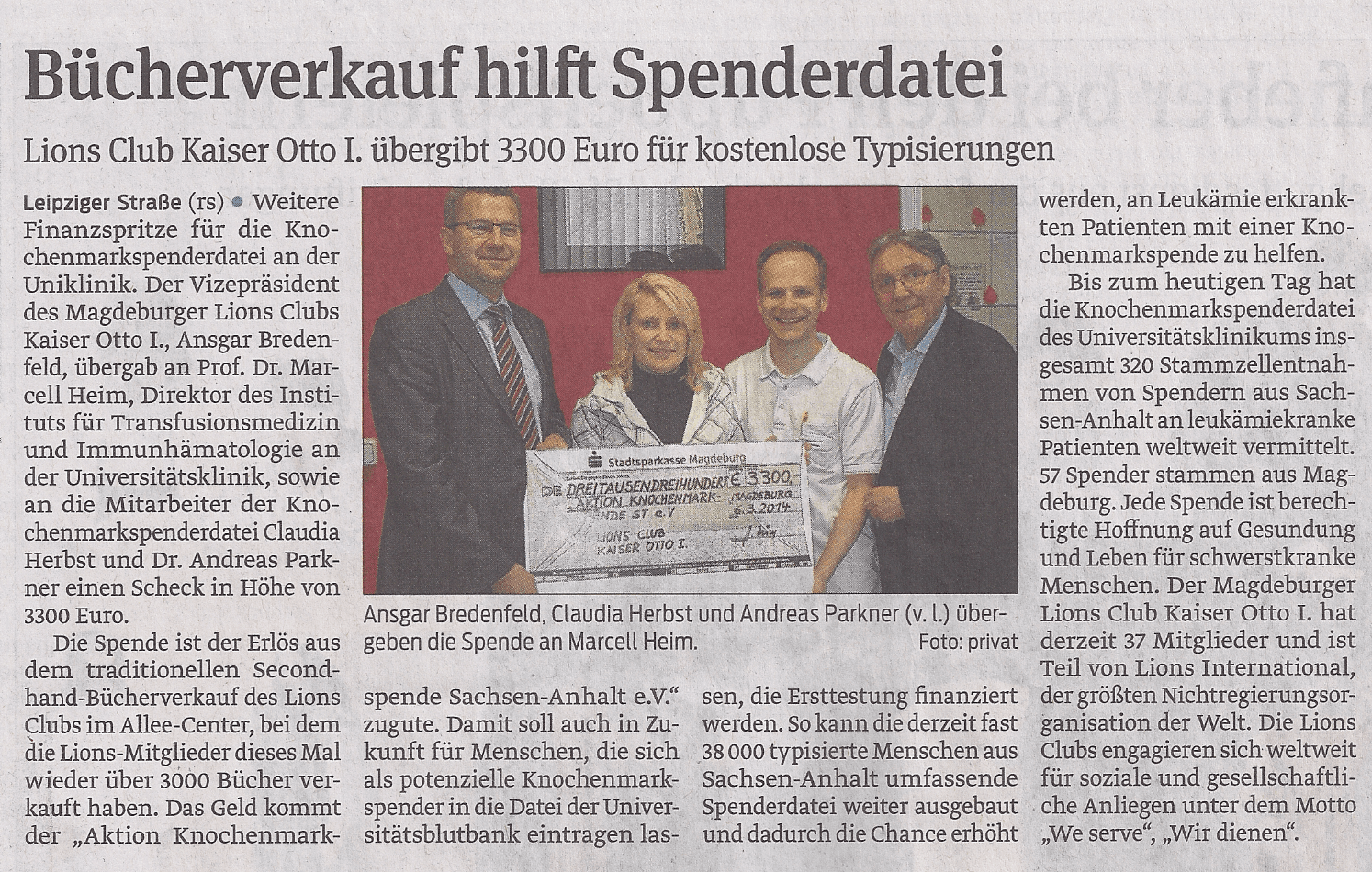 Presseartikel "Bücherverkauf hilft Spenderdatei" aus Magdeburger Volksstimme
