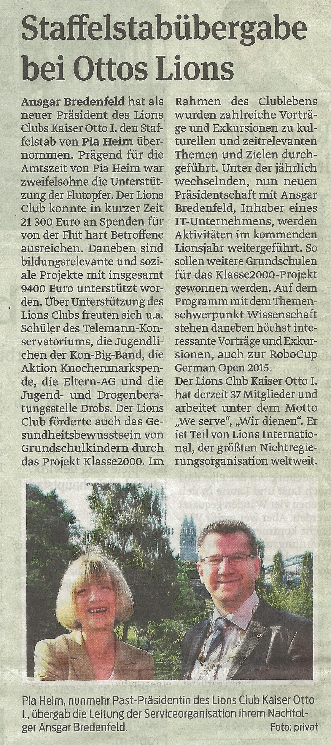 Presseartikel "Staffelstabübergabe bei Ottos Lions" aus Magdeburger Volksstimme