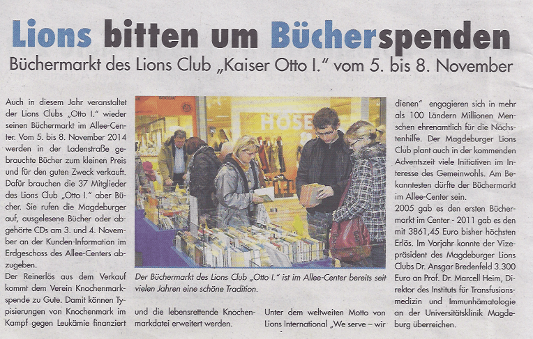 Presseartikel "Lions bitten um Bücherspenden" aus Allee-Center Aktuell