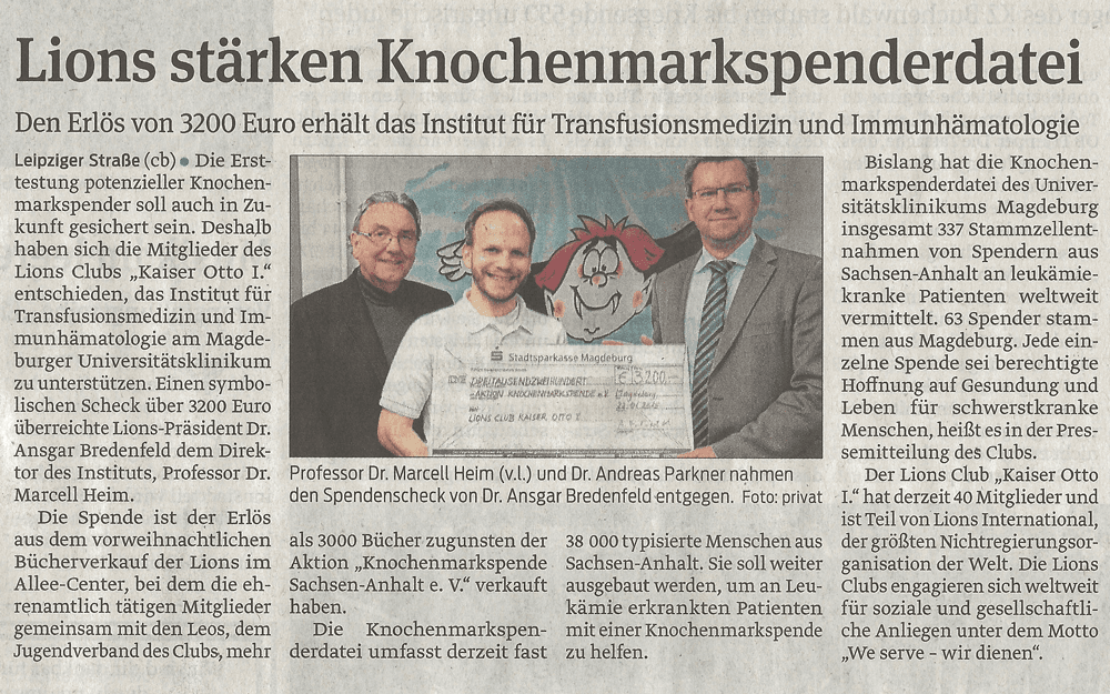 Presseartikel "Lions stärken Knochenmarkspenderdatei" aus Magdeburger Volksstimme