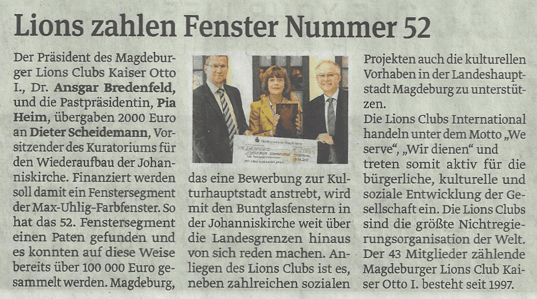Presseartikel "Lions zahlen Fenster Nummer 52" aus Magdeburger Volksstimme