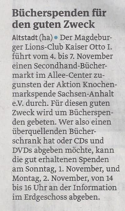 Presseartikel "Bücherspenden für den guten Zweck" aus Magdeburger Volksstimme