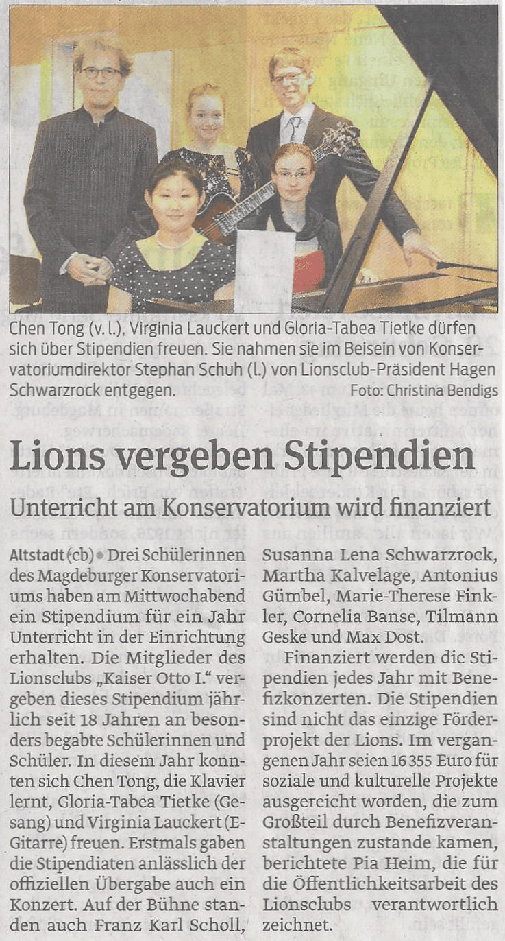 Presseartikel "Lions vergeben Stipendien" aus Magdeburger Volksstimme