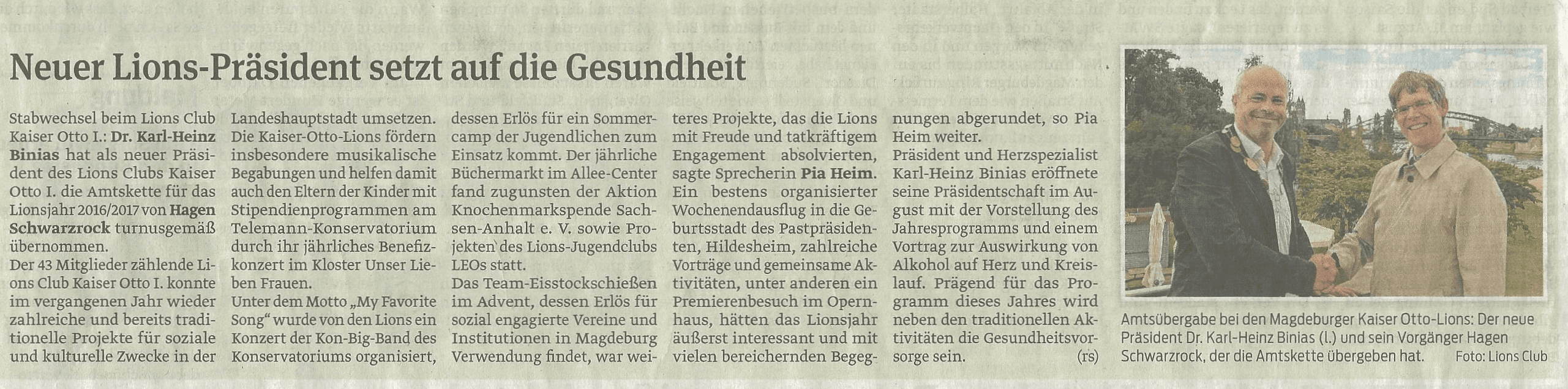 Presseartikel "Neuer Lions-Präsident setzt auf die Gesundheit" aus Magdeburger Volksstimme