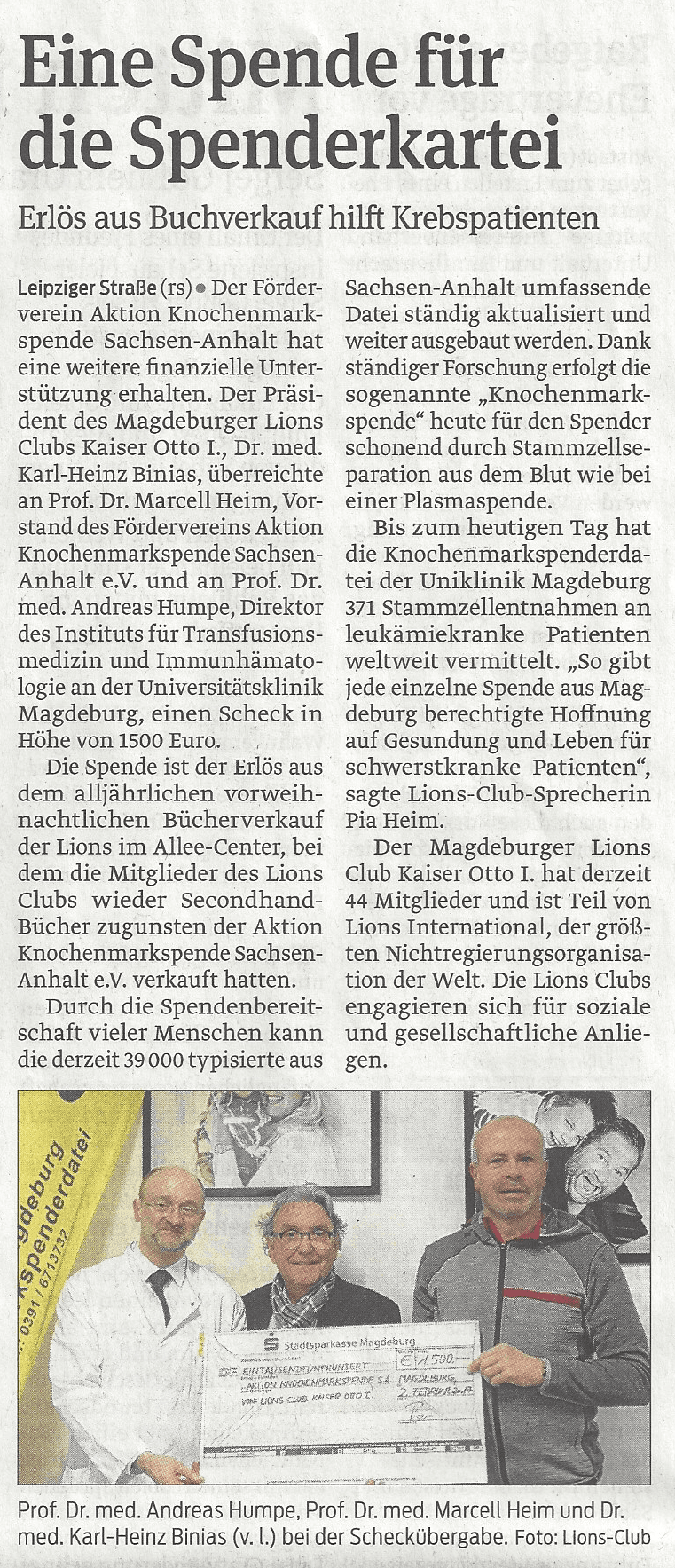 Presseartikel "Eine Spende für die Spenderkartei" aus Magdeburger Volksstimme