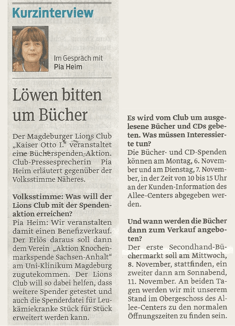 Presseartikel "Löwen bitten um Bücher" aus Magdeburger Volksstimme