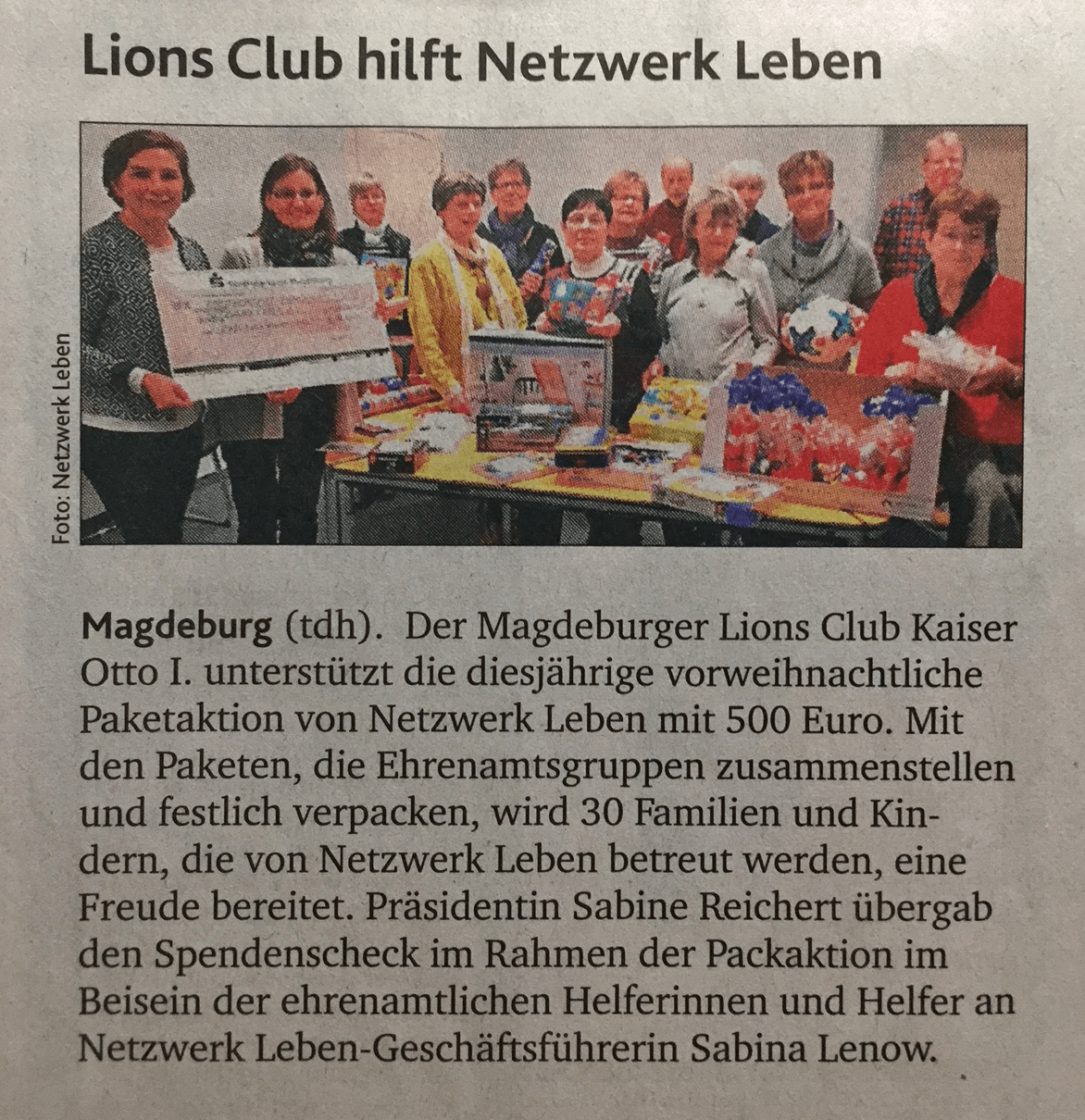 Presseartikel "Lions Club hilft Netzwerk Leben" aus Tag des Herrn Nr. 51/52