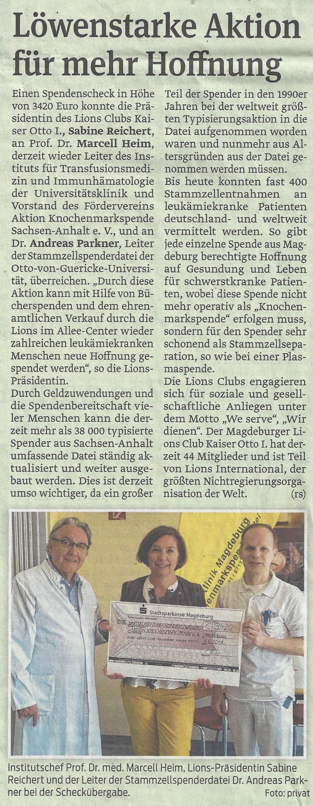 Presseartikel "Löwenstarke Aktion für mehr Hoffnung" aus Magdeburger Volksstimme