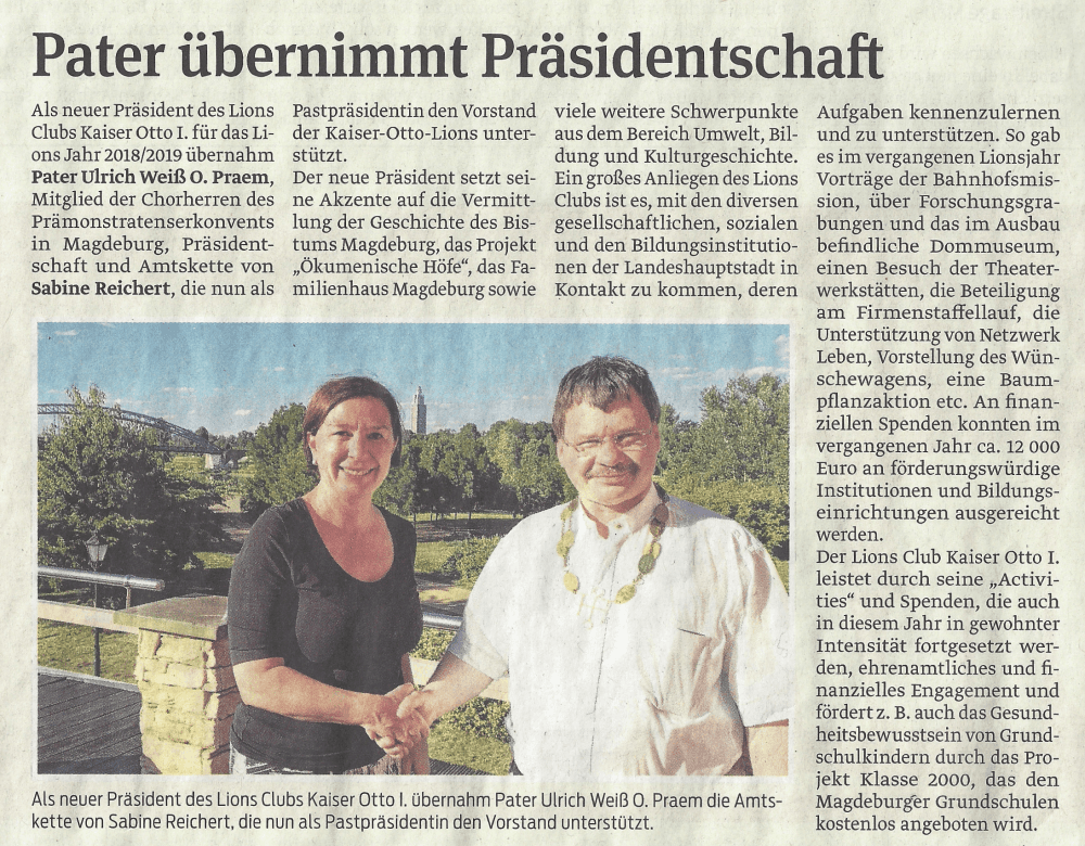 Presseartikel "Pater übernimmt Präsidentschaft" aus Magdeburger Volksstimme