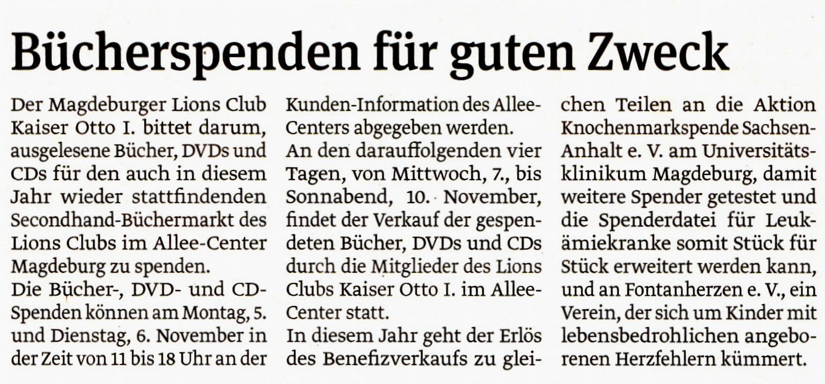 Presseartikel "Bücherspenden für guten Zweck" aus Magdeburger Volksstimme