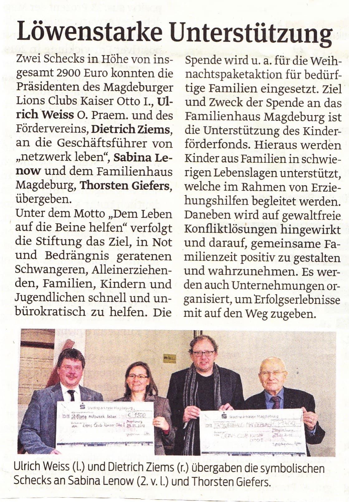 Presseartikel "Löwenstarke Unterstützung" aus Magdeburger Volksstimme