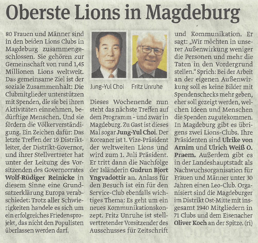 Presseartikel "Oberste Lions in Magdeburg" aus Magdeburger Volksstimme