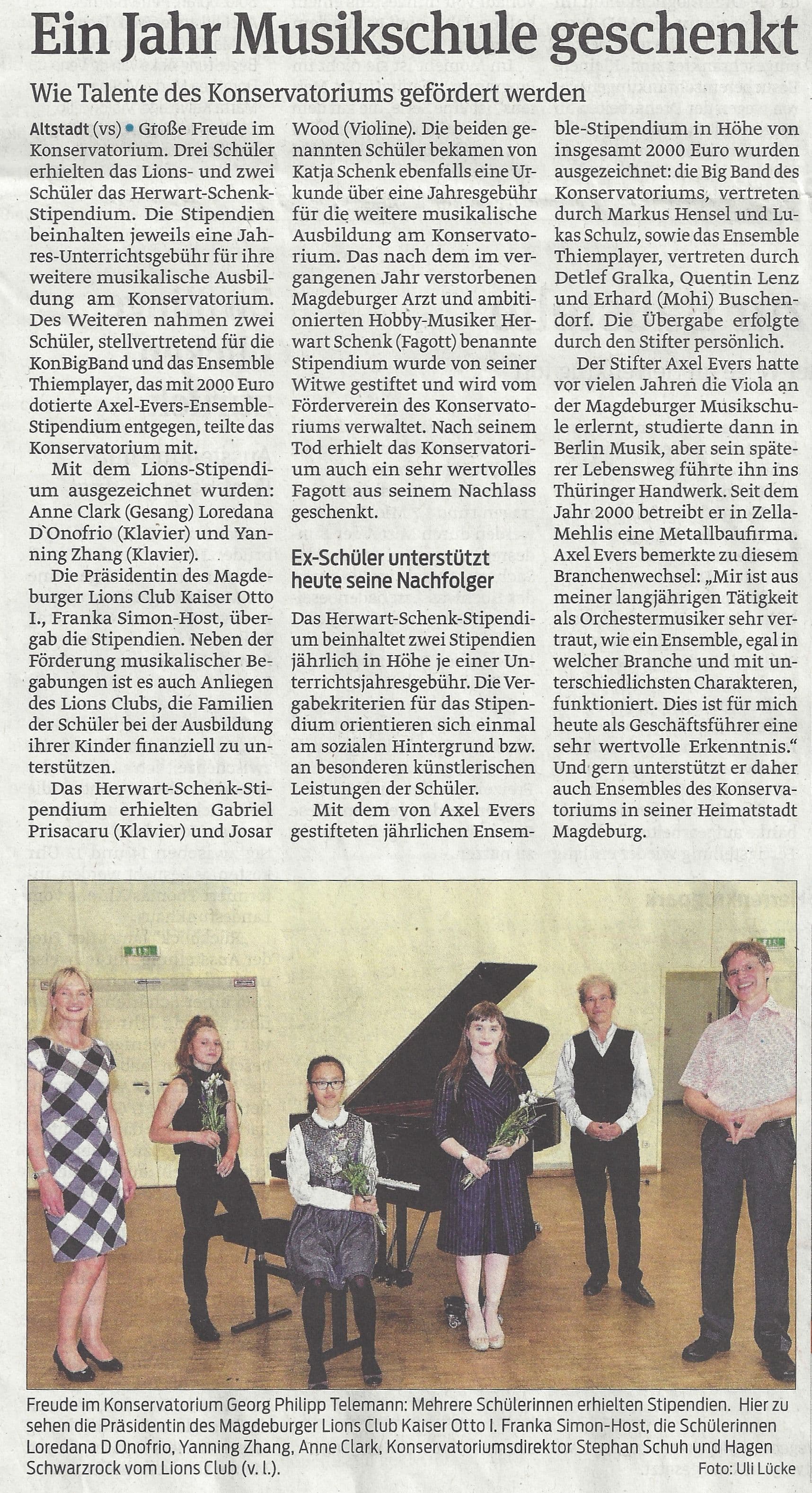 Presseartikel "Ein Jahr Musikschule geschenkt" aus Magdeburger Volksstimme