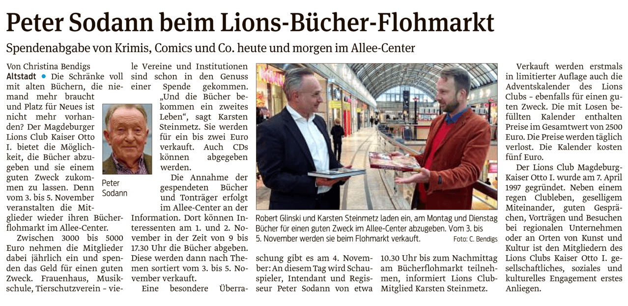 Presseartikel "Peter Sodann beim Lions-Bücher-Flohmarkt" aus Magdeburger Volksstimme