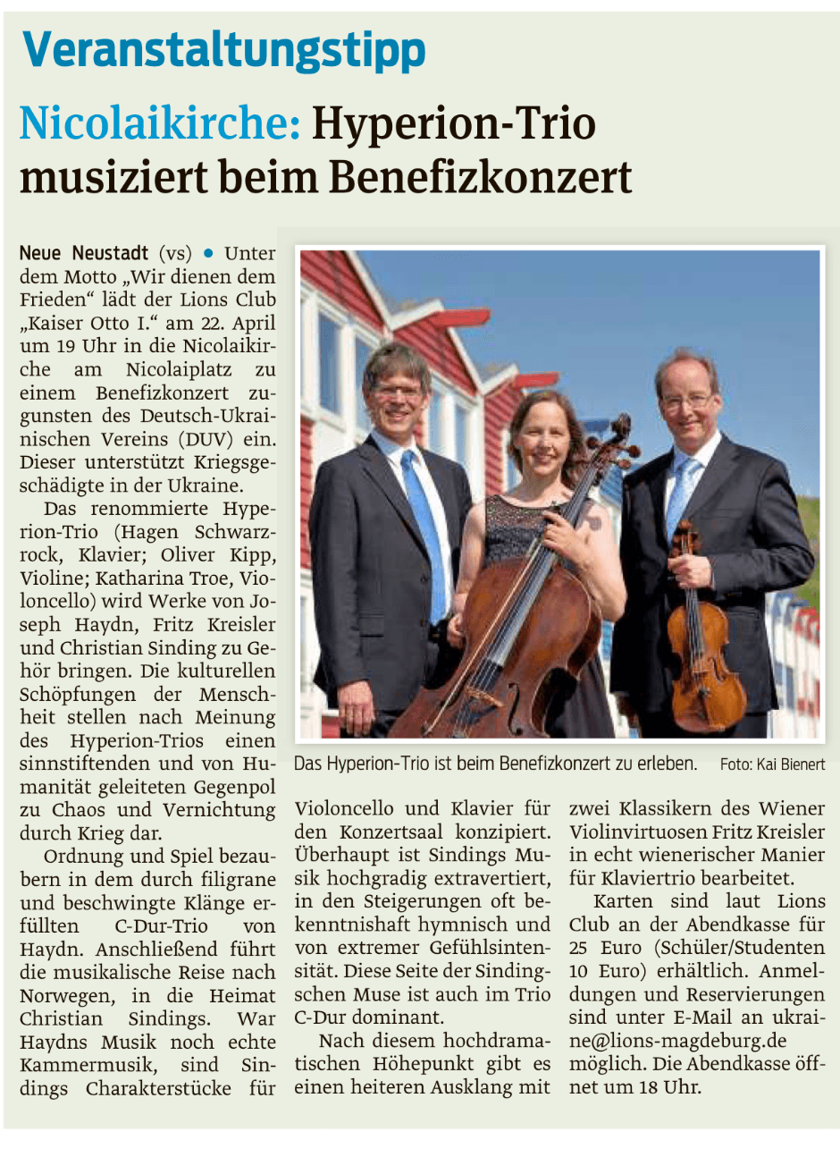 Presseartikel "Nicolaikirche: Hyperion-Trio musiziert beim Benefizkonzert" aus Magdeburger Volksstimme