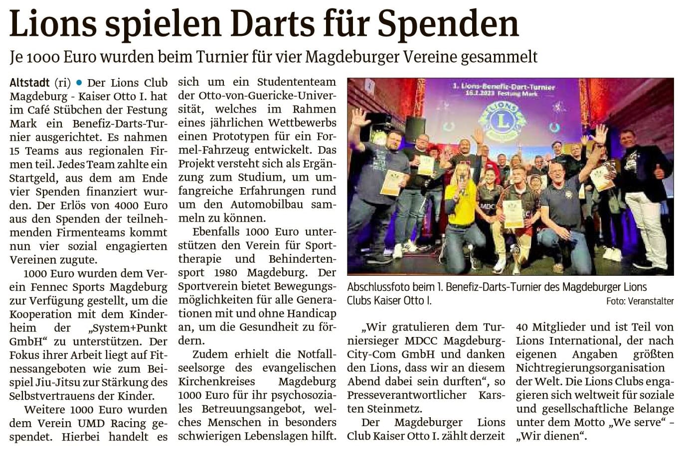Presseartikel "Lions spielen Darts für Spenden" aus Magdeburger Volksstimme