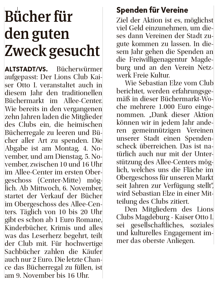 Presseartikel "Bücher für den guten Zweck gesucht" aus Magdeburger Volksstimme