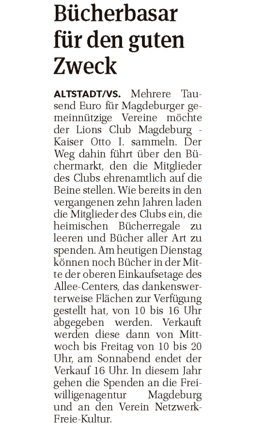 Presseartikel "Bücherbasar für den guten Zweck" aus Magdeburger Volksstimme