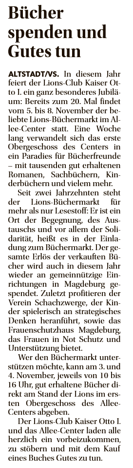 Presseartikel "Bücher spenden und Gutes tun" aus Magdeburger Volksstimme
